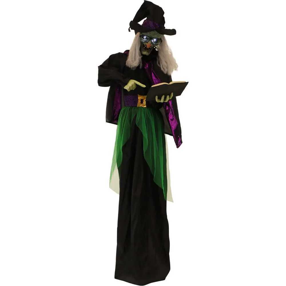 Halloween decoration - a life sized terrifying talking witch holding a magic book Halloween animation with touch activated light and batteryX240817