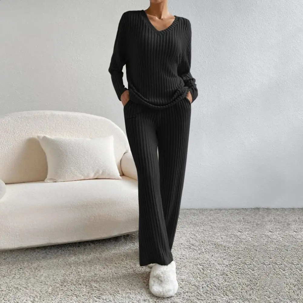 Autumn Winter V-neck Long Sleeve Side Slit Pullover Sweaterhigh Waist Wide Leg Pants Two Piece Set Women Casual Tracksuit 240809
