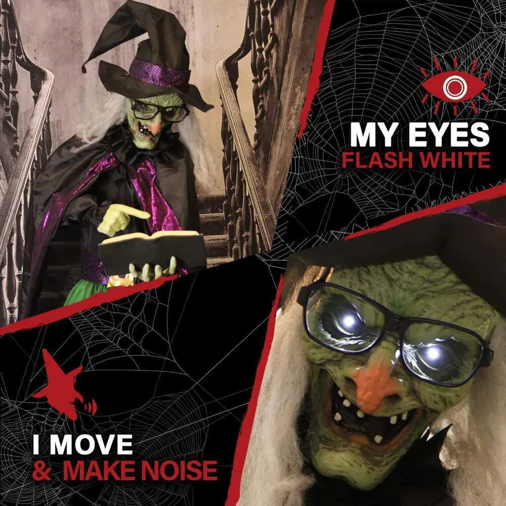 Halloween decoration - a life sized terrifying talking witch holding a magic book Halloween animation with touch activated light and batteryX240817