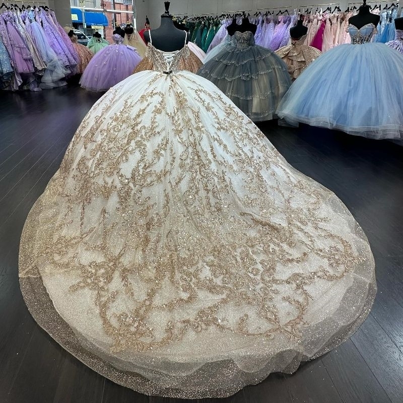 Light Champagne Glitter Quinceanera Ball Gowns Off The Shoulder Appliques Lace Beads Tull Sweet 16 Dress Lace-up Vestidos De XV 15 Anos