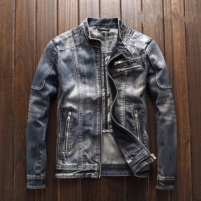 High quality mens long sleeved Oneck zipper flying denim jacket fashionable retro motorcycle loose fit plus size 240816