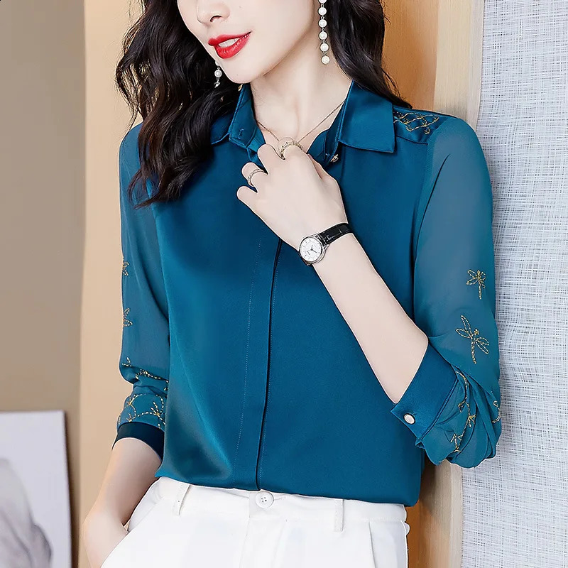 Chiffon womens long sleeved shirt OL temperature spring summer acetate satin 240814