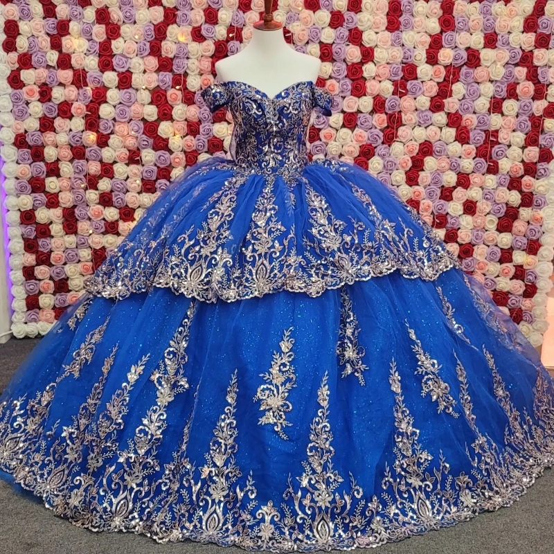 Royal Blue Shiny Quinceanera Dress Ball Gown Off The Shoulder Lace Applique Beading Tull Corset Sweet 16 Vestidos De 15 Anos