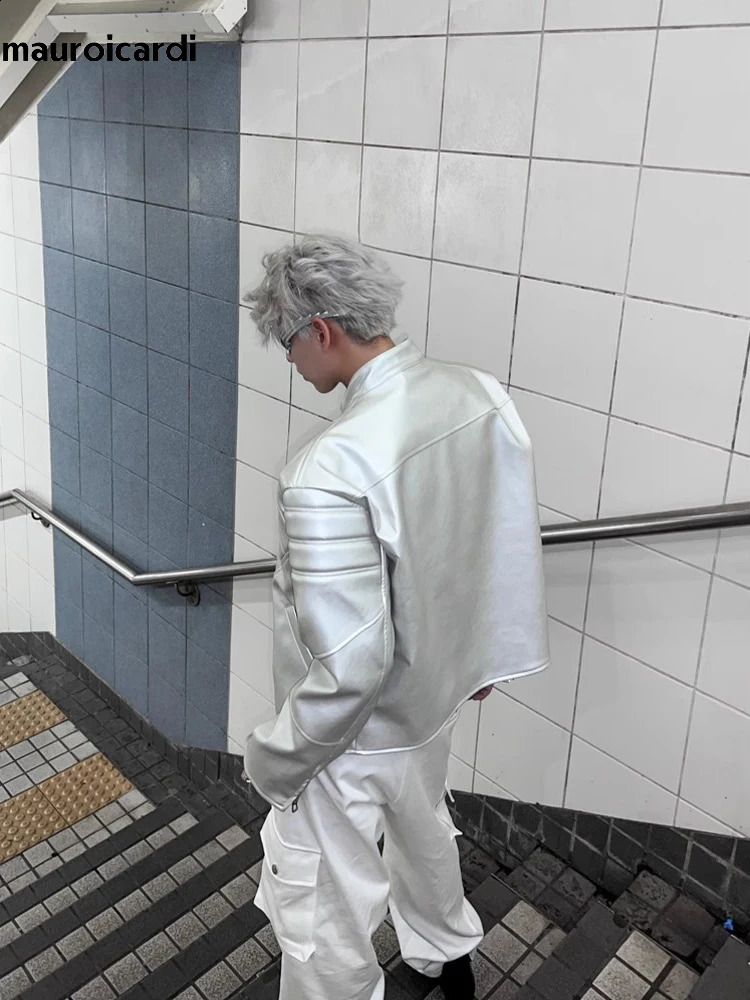 Mauroicardi Spring Autumn Cool Short Silver Faux Leather Jacket Men Shoulder Pads Y2K Streetwear Unisex Clothing 240809