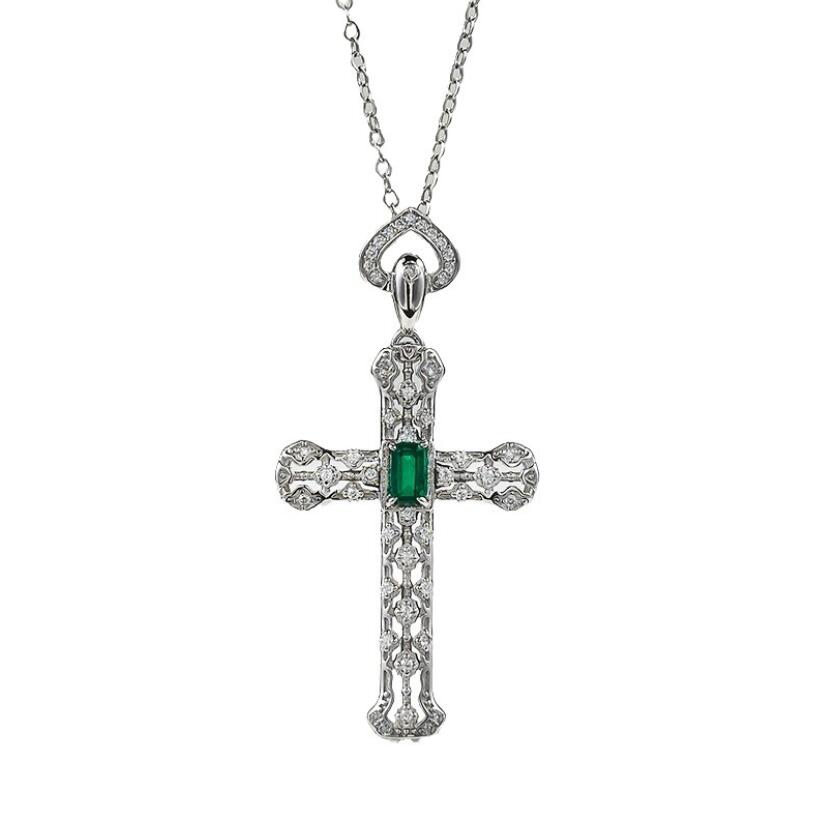 Choucong Cross Pendant French Vintage Jewelry Real 100% Sterling Sier 3MM*5MM Emerald Moissanite Dia Party Women Elegant Clavicle Necklace Gift