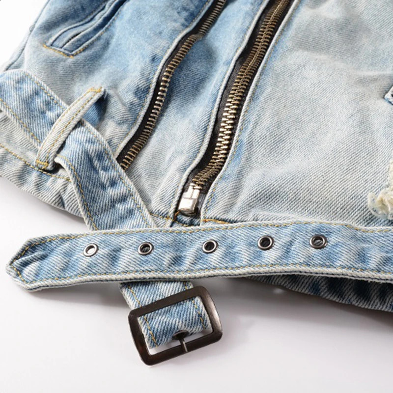Sokotoo Mens holes ripped blue jean biker jacket for motorcycle Streetwear zippers turn down collar denim coat Outerwear 240816