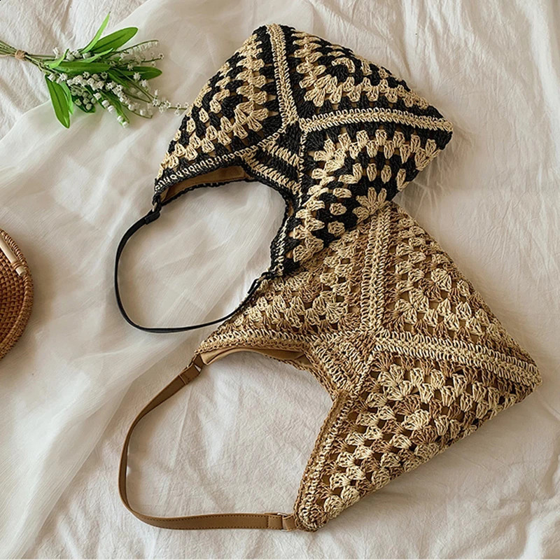 Weaving Portable Shoulder Bag Summer Vacation Package Niche Web Hollowout Straw Knitted Underarm Beach Shopper 240816Z