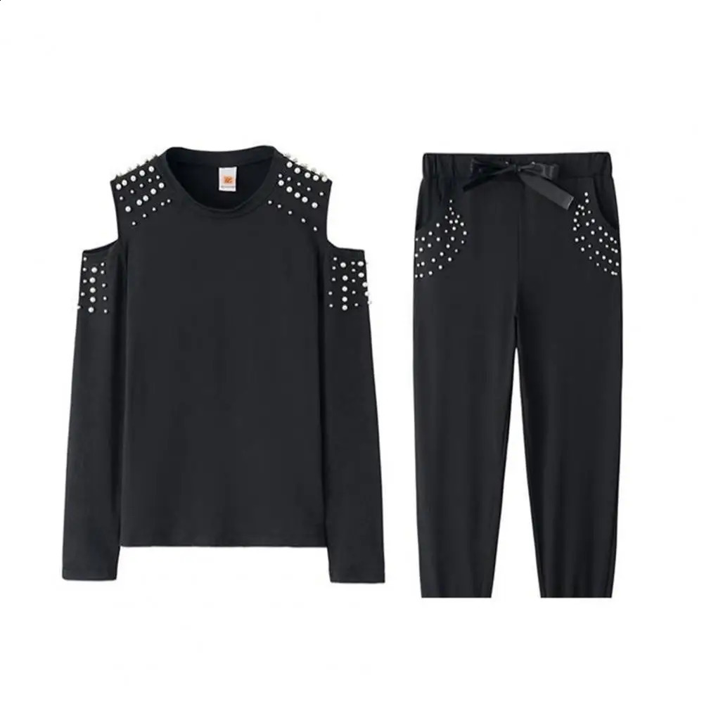 Tracksuit Women Two Piece Set Beading Decor Cold Shoulder Long Sleeve Top Jogger Pants Suit Female Casual Lounge Wear Outfits 240809