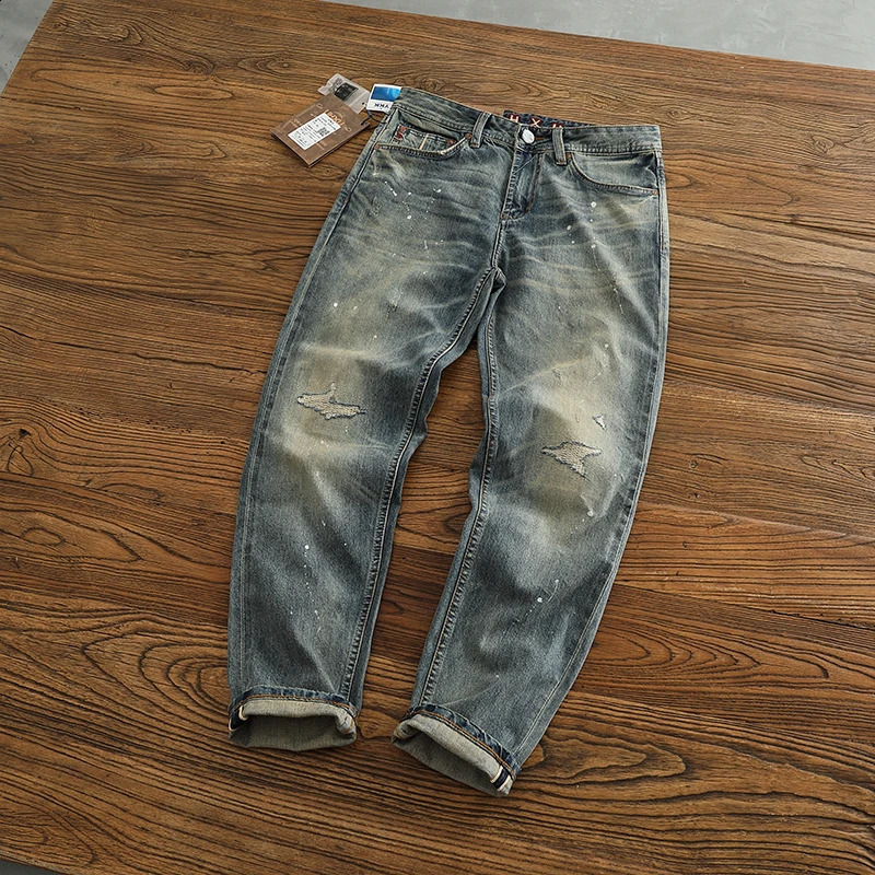 Red Selvedge Denim Jeans for Men High Quality 125oz Tapered Straight Pants WHISKER Painting Washed American Vintage Y2k 512 240816