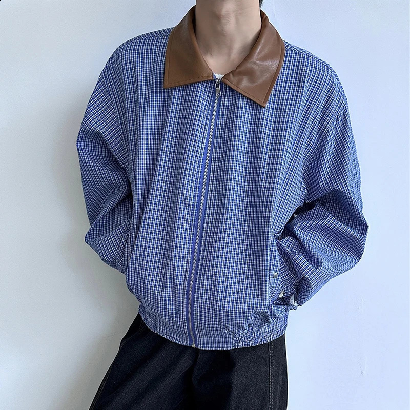 Mens Leisure High Street Blue Plaid Jacket Streetwear Turn-down Collar Korean Harajuku Clothes Long Sleeve Zipper Coats 240816