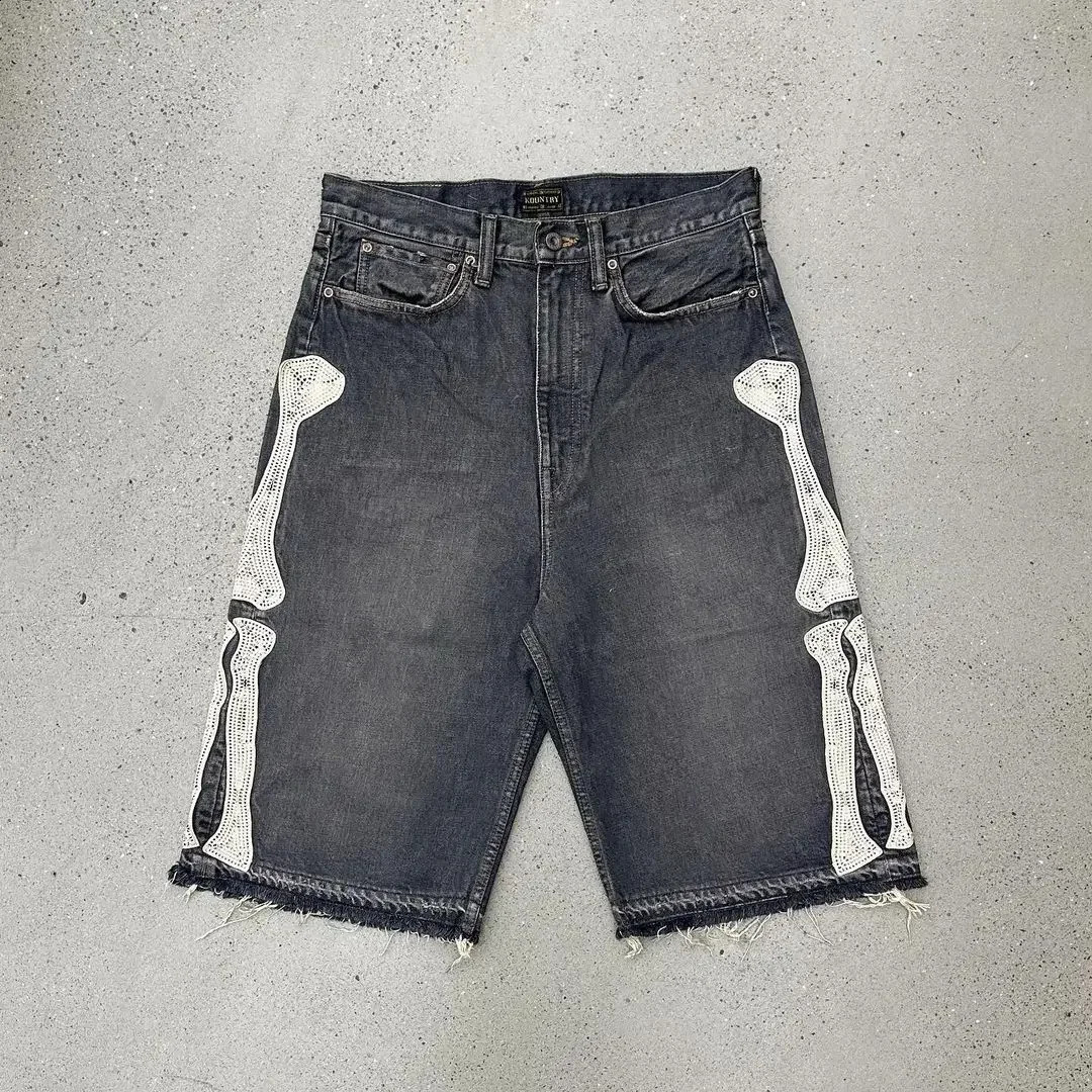 Fashion Y2K Street Clothing Bone Embroidered Women Denim Shorts Loose and Casual Harajuku Men and Women Straight Tube Pants 250206