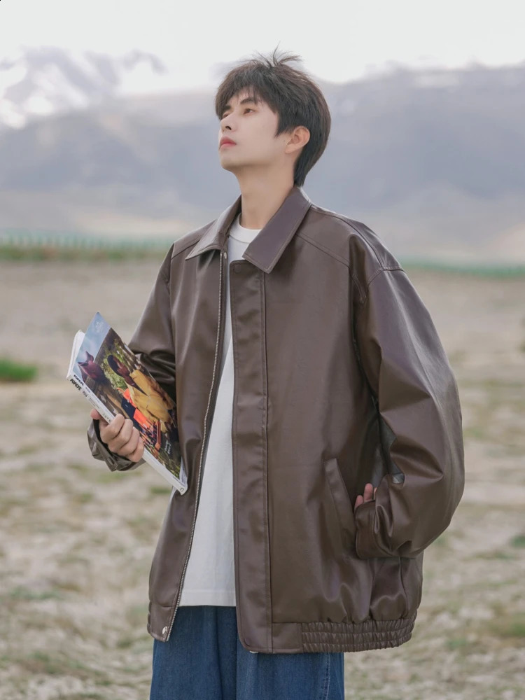 Jackets Men American Retro Y2k Pu-leather High Street All-match Fashion Hipster Overcoats Simple Harajuku Youthful Long Sleeve 240809