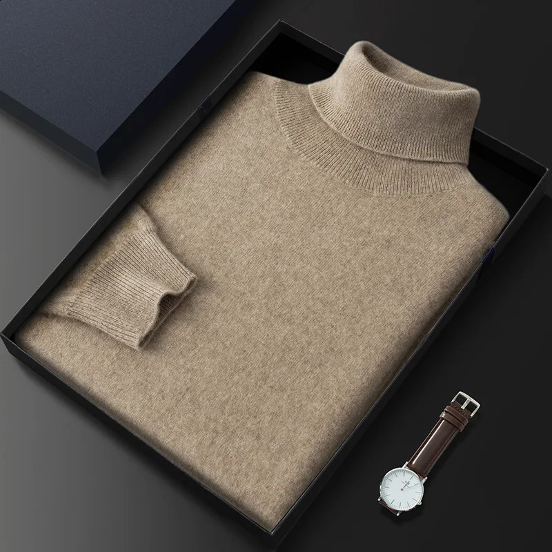 100% Cashmere Turtleneck Men Pullovers Autumn Winter Soft Light Warm Rolled Neck Jumper Pull Homme Knitted Sweater 240826