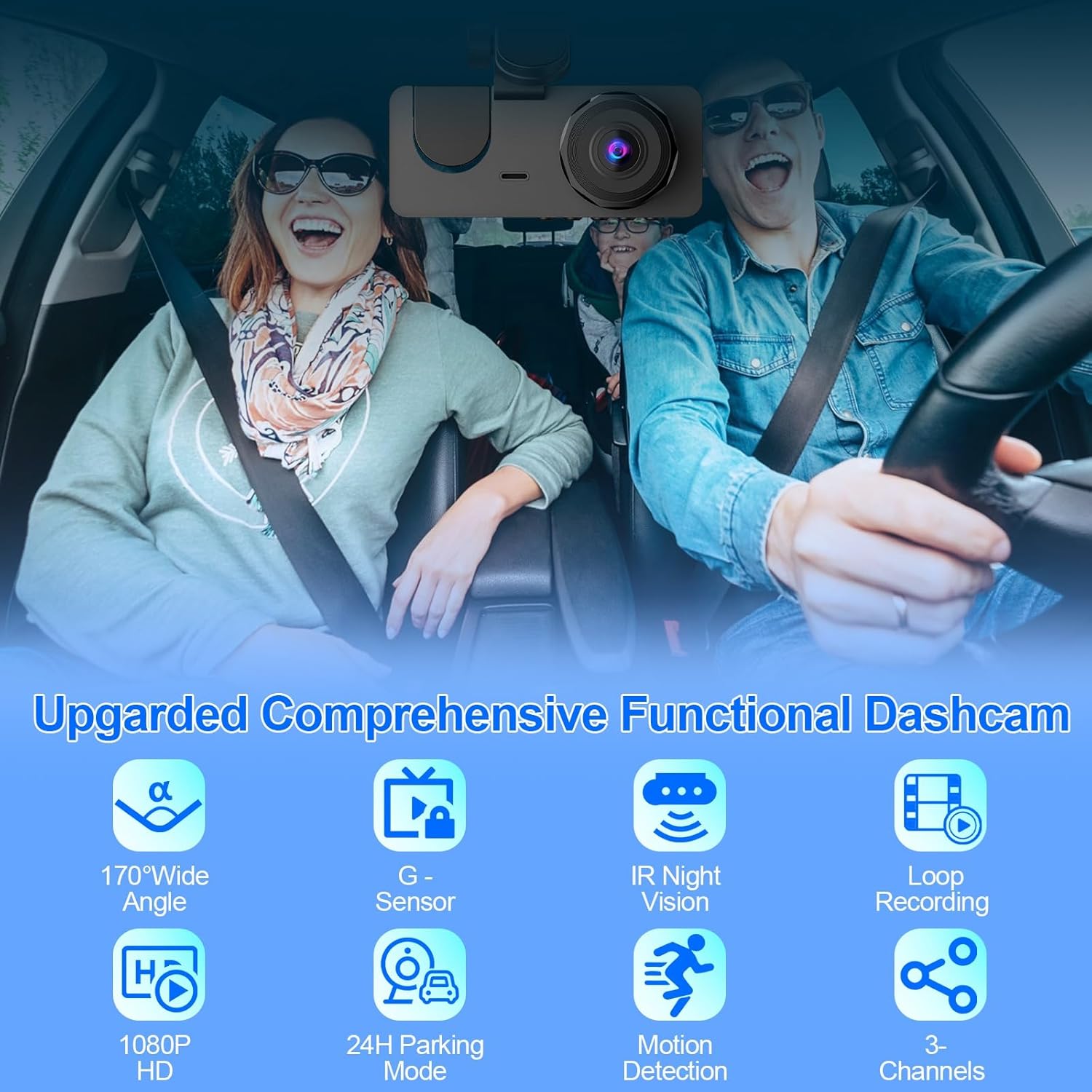 1080P HD Car DVR 3 Channel Dash Cam Front and Rear Inside Auto Camera Video Recorder 170° Wide Angle IR Night Vision Loop Recording Motion Detection 2