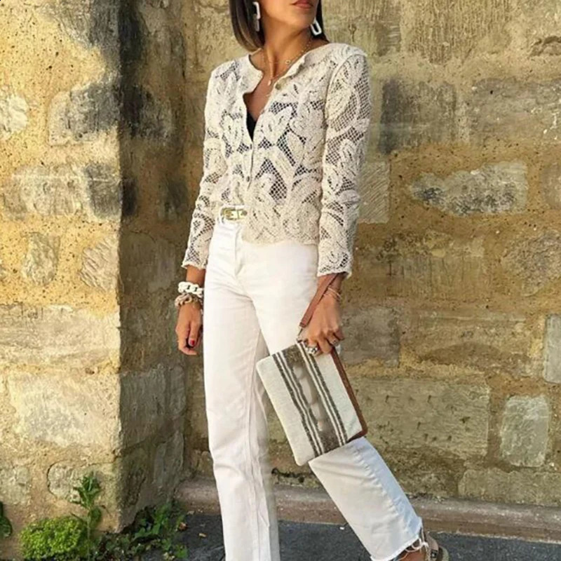 Retro single chest long sleeved shirt fashionable womens Communicating Streetwear elegant lace hollow 240814