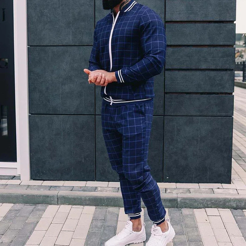 Gentleman Plaid Mens Tracksuit Sets Casual Zipper Jacket Coat Sports Suit High Quality 3D Print Fashion 2-Piece Men Clothes 240821