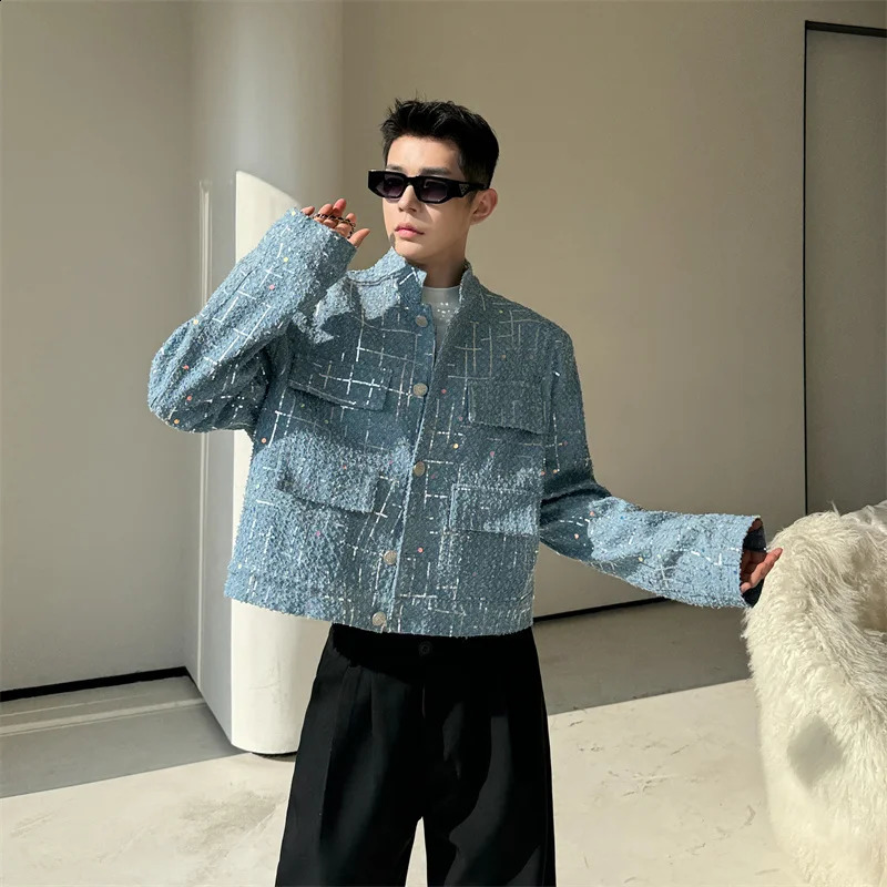 NOYMEI Denim Sequin Short Jacket Mens Fashion All-match Pockets Decoration Stand Collar Spring Korean Style Coat WA4033 240816