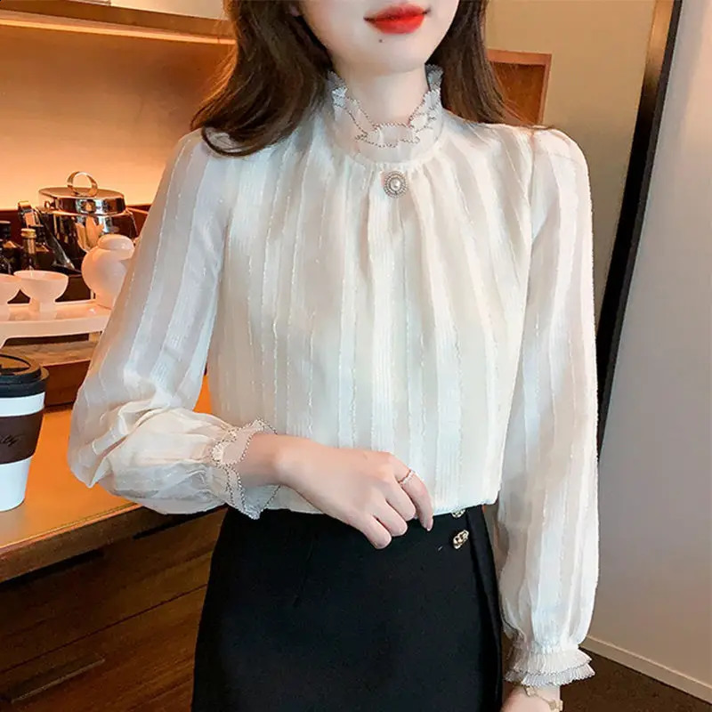 Womens fashionable retro pleated bead sweet shirt elegant and unique stand up collar chiffon womens casual long sleeved solid top 240814