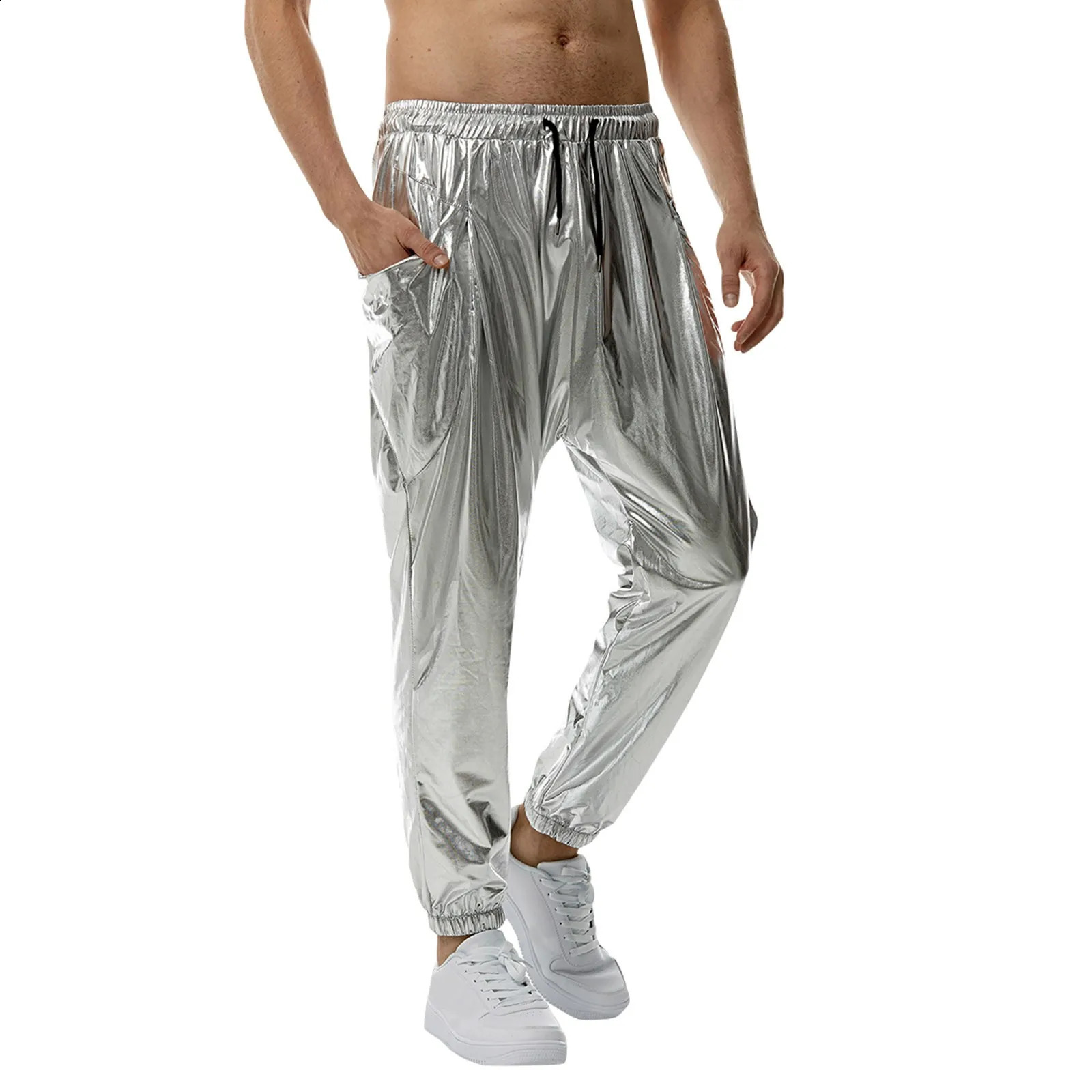 Mens Shiny Silver Metallic Jogger Sweatpants Hip Hop Wet Look Trousers Men Club Party Festival Prom Streetwear Pantalones Hombre 240816CJ