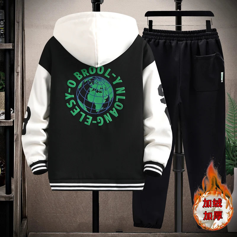 Winter Hooded JacketPant 2-piece Set Men Set Sports Suit Fleece Thickened Sportswear Casual Men Tracksuit 240821