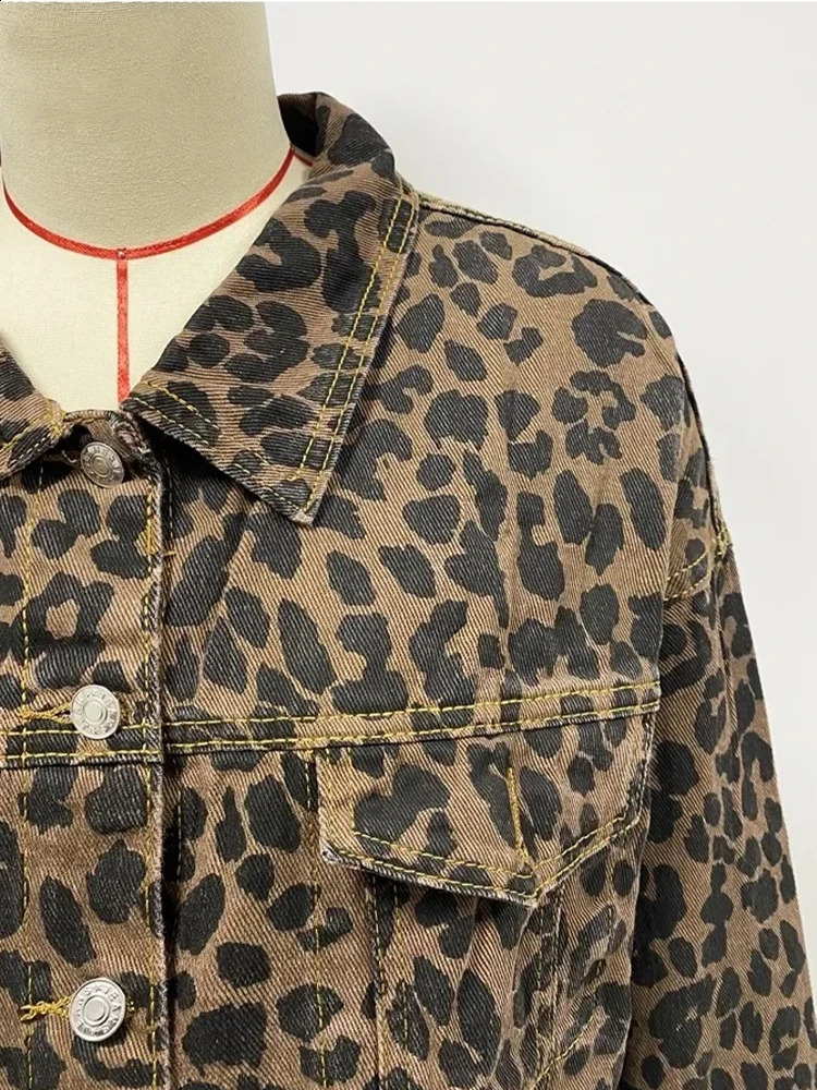 Leopard Print Denim For Women, Casual Retro Long Sleeve Loose Jean Jacket With Pockets B4