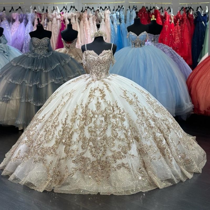 Light Champagne Glitter Quinceanera Ball Gowns Off The Shoulder Appliques Lace Beads Tull Sweet 16 Dress Lace-up Vestidos De XV 15 Anos