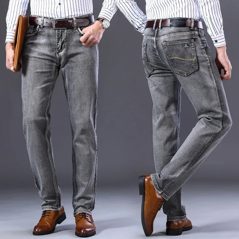 Mens Stretch Regular Fit Jeans Business Casual Classic Style Denim Black Blue Grey Pants w240816