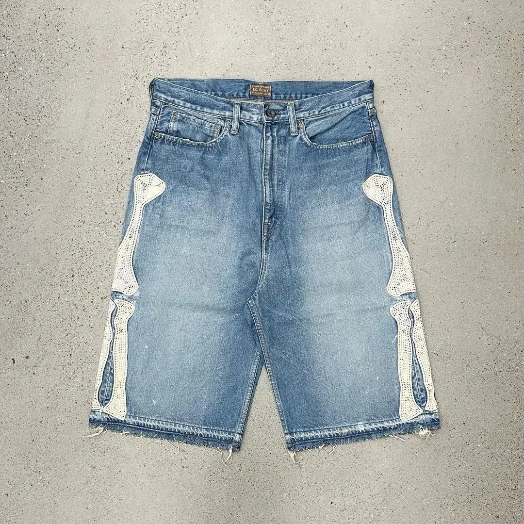 Fashion Y2K Street Clothing Bone Embroidered Women Denim Shorts Loose and Casual Harajuku Men and Women Straight Tube Pants 250206
