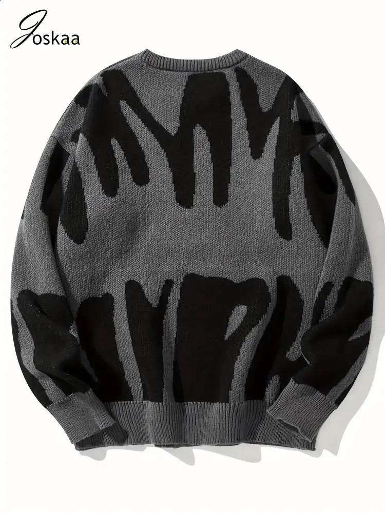 Joskaa Letter Jacquard Knitted Pullovers Women Casual O-Neck Long Sleeve Loose Sweaters Winter Chic Tops Y2K Streetwear 240816