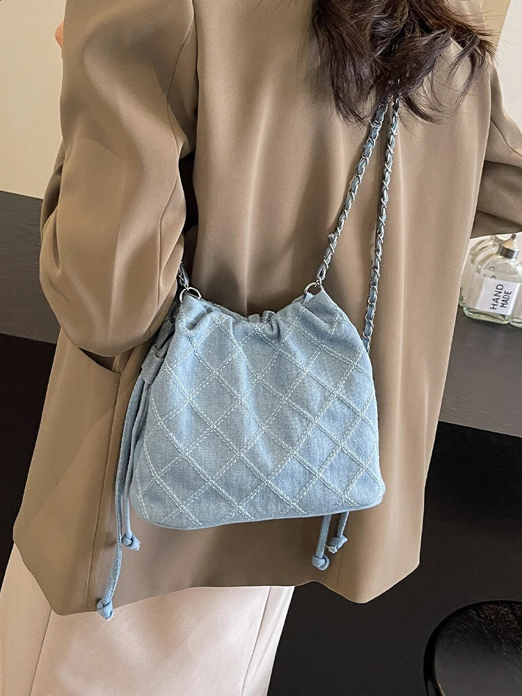 Denim Bucket Shoudler Crossbody Bag for Women Casual Tote Handbag and Purses 2024 Trendy Clutches Ladys Messenger 240816Z