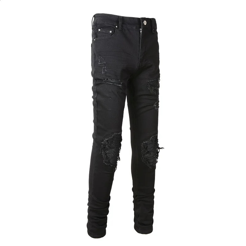 Black EU Drip jeans street ultrathin fit Distressed Holes black leather ribs patchwork stretch suitable for young boys 240816