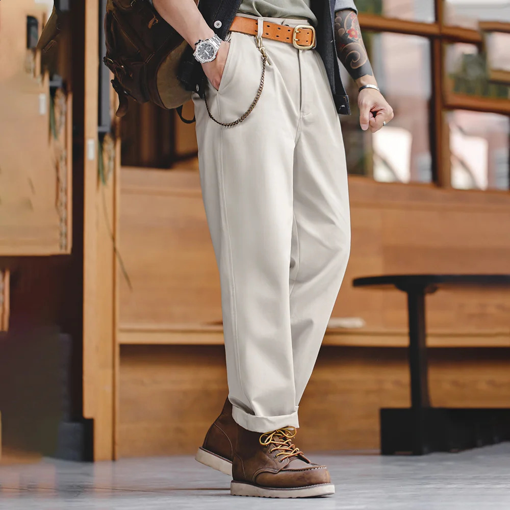 Maden Vintage Gentleman Naples Pants Korea Fashion Casual Paris Button Straight Wide Trousers 100% Cotton Solid Work Suit 240824
