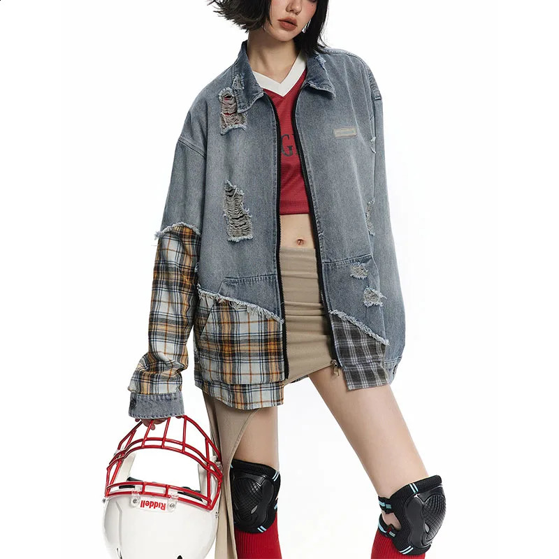 Oversized Hip Hop Ripped Casual Denim Jackets Hi Street Vintage Blue Jeans Coats For Male Patchwork 240816