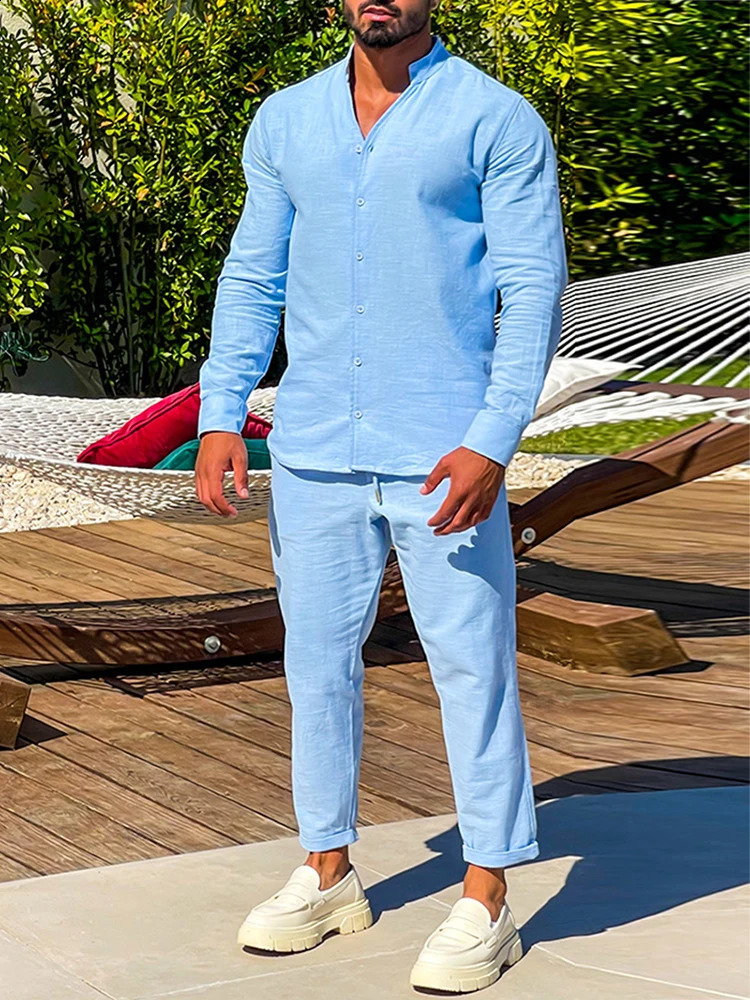 Autumn Streetwear Outfits Men Vintage Suits Long Sleeve Stand Collar Shirt And Pants Tracksuits Mens Casual Two Piece Sets 240821