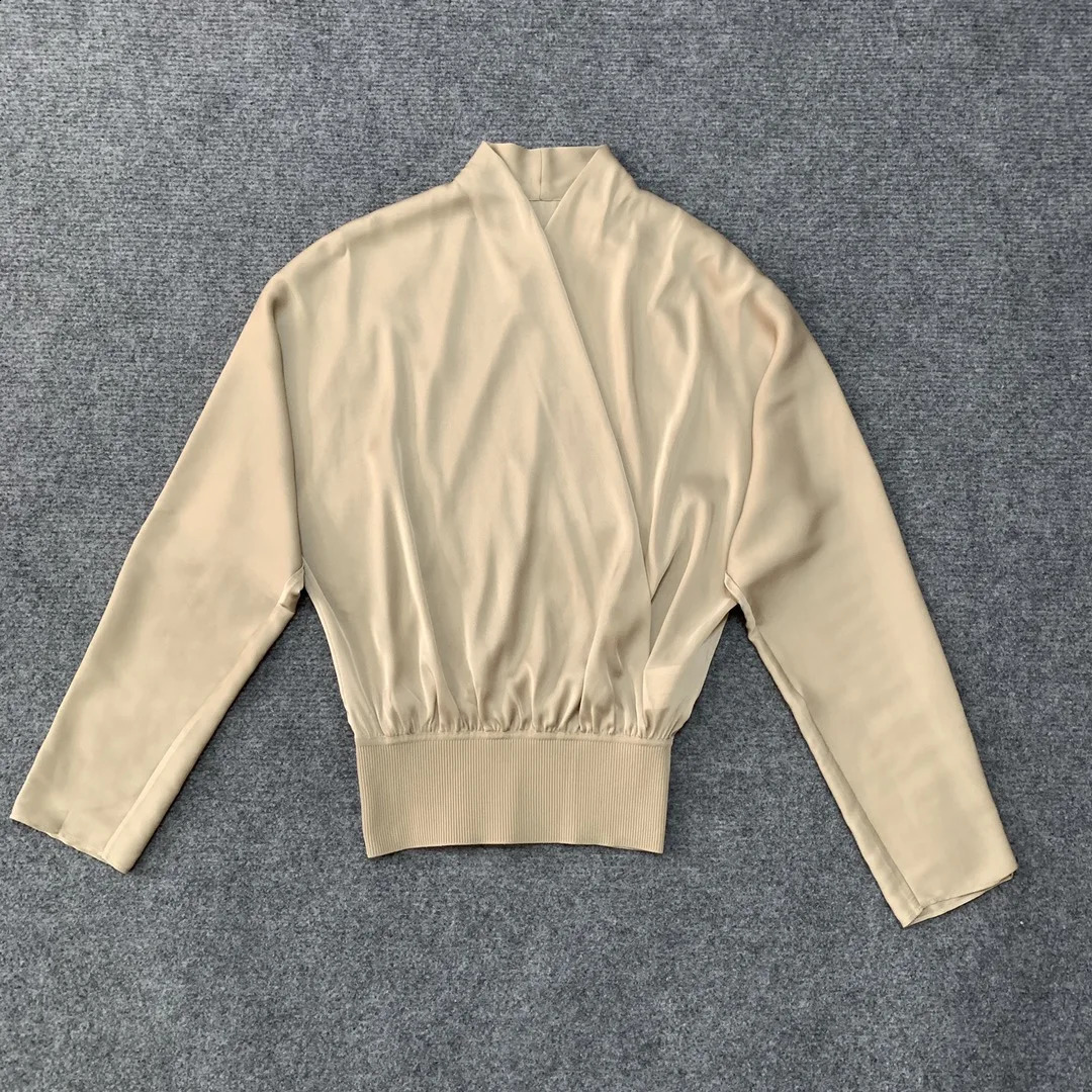 Classic Silk Office Womens Cross Front Long Sleeve Ribbed Belt Splicing Work Style Shirt 240814