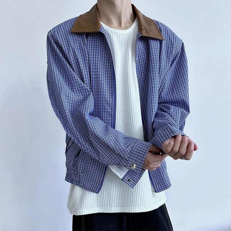 Mens Leisure High Street Blue Plaid Jacket Streetwear Turn-down Collar Korean Harajuku Clothes Long Sleeve Zipper Coats 240816