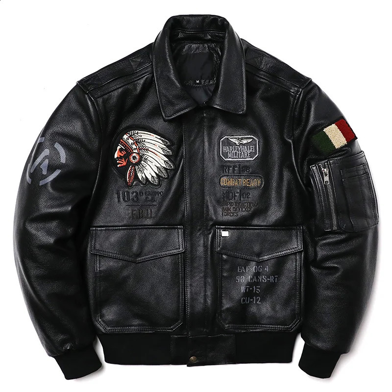 India Embroidered Leather Jacket Mens Denim Motorcycle Air Force Pilot Clothing Flight Suit 240816