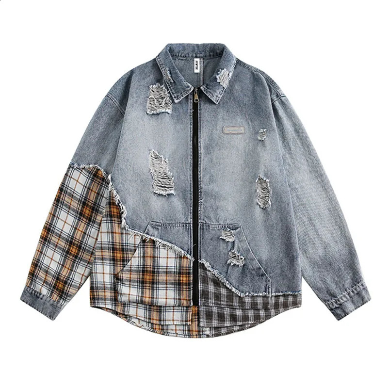 Oversized Hip Hop Ripped Casual Denim Jackets Hi Street Vintage Blue Jeans Coats For Male Patchwork 240816