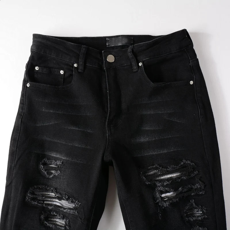 Distressed Black Damaged Holes Ribs Pathcwork Repaired Streetwear Tight Stretch Jeans 240816