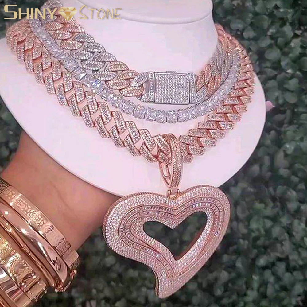 ice out large hollow heart-shaped pendant necklace with golden shimmer CZ cubic zirconia tennis chain charm womens hip-hop jewelry 240810