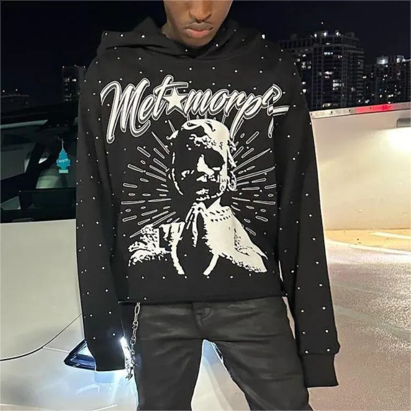 Rhinestone Hoodies Women Gothic Black Pullover Oversized Sweatshirts Female Retro Harajuku Hooded Jacket Y2K Streetwear Men Top 240816