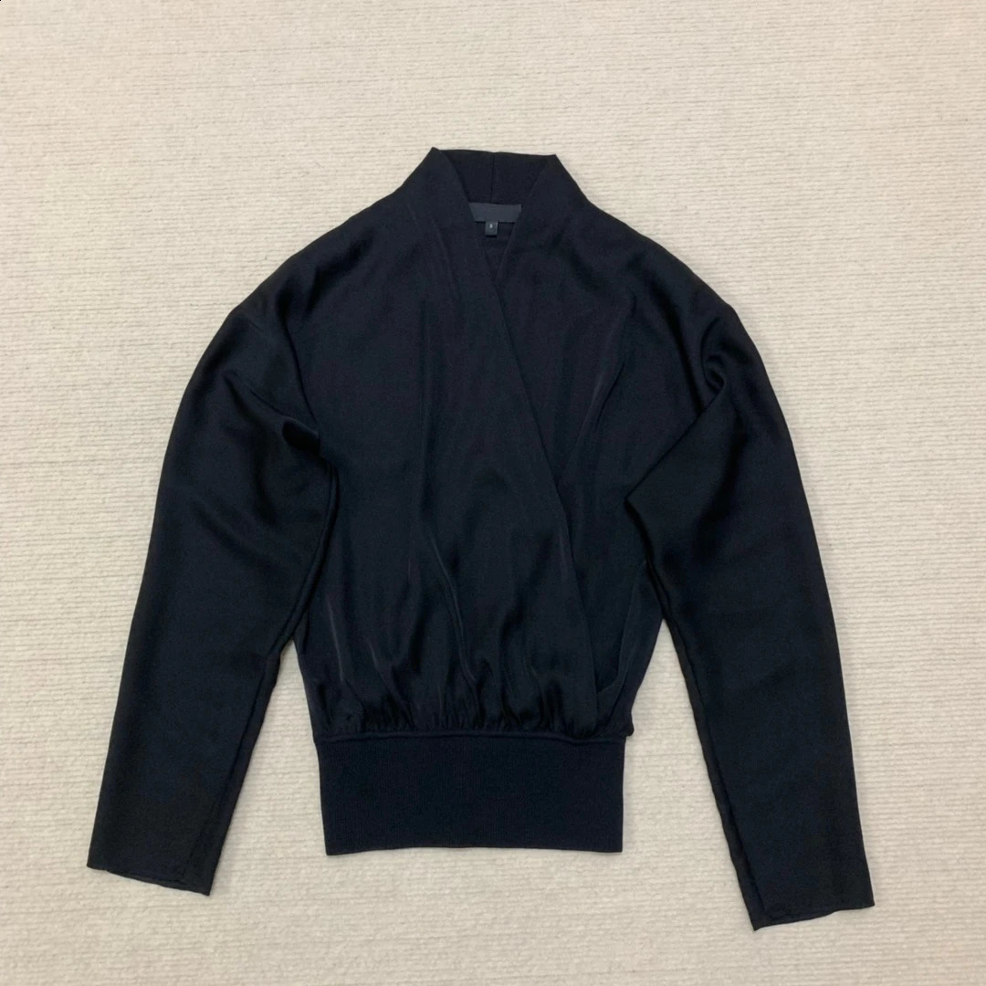 Classic Silk Office Womens Cross Front Long Sleeve Ribbed Belt Splicing Work Style Shirt 240814