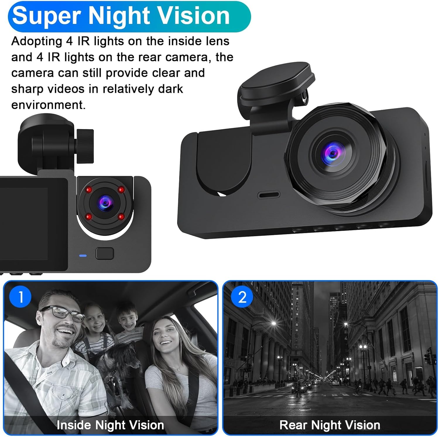 1080P HD Car DVR 3 Channel Dash Cam Front and Rear Inside Auto Camera Video Recorder 170° Wide Angle IR Night Vision Loop Recording Motion Detection 2