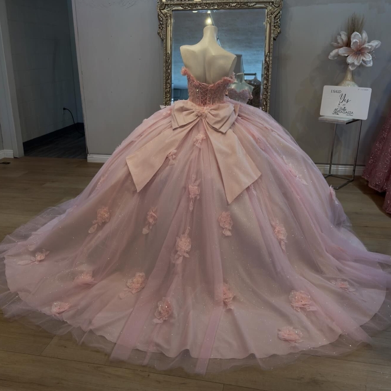 Mexico Pink Quinceanera Dress Ball Gown Off The Shoulder Lace Applique Beaded With Bow Tull Corset Sweet 16 Vestido De 15 Anos