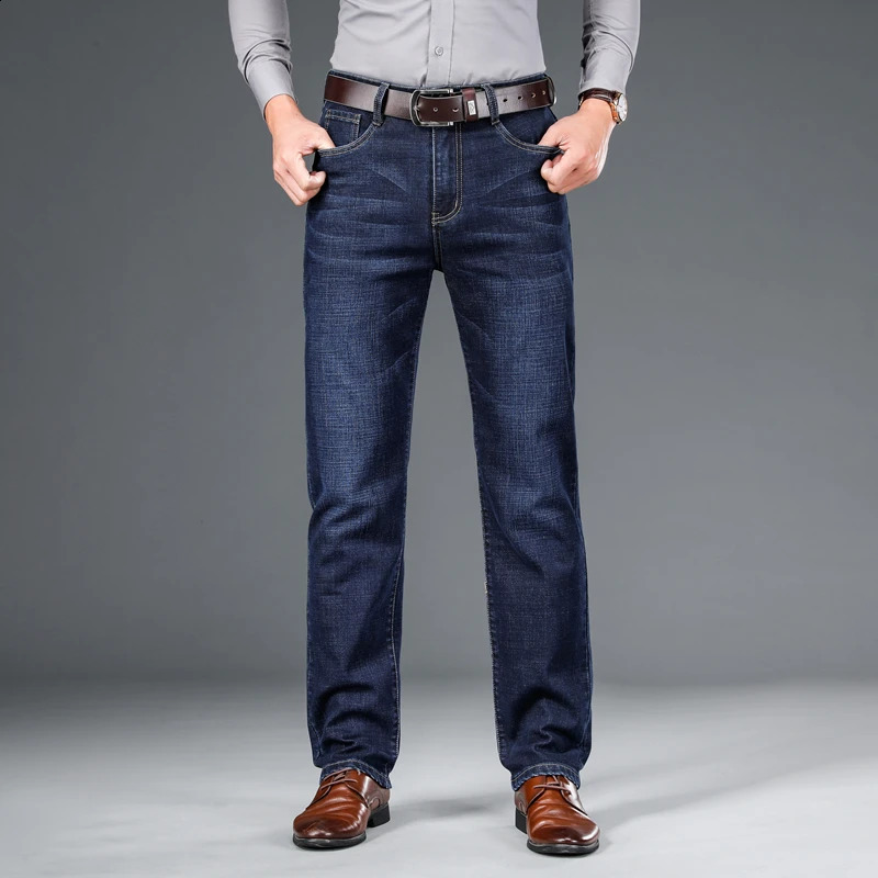 SHAN BAO 2024 autumn spring fitted straight stretch denim jeans classic style badge youth mens business casual trousers 240816