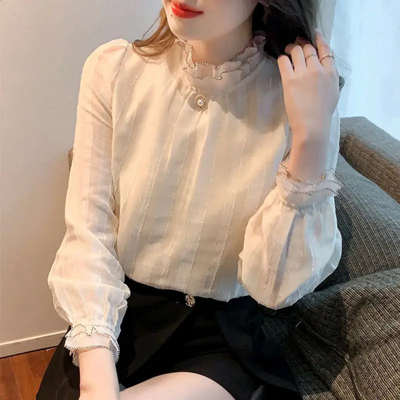Womens fashionable retro pleated bead sweet shirt elegant and unique stand up collar chiffon womens casual long sleeved solid top 240814