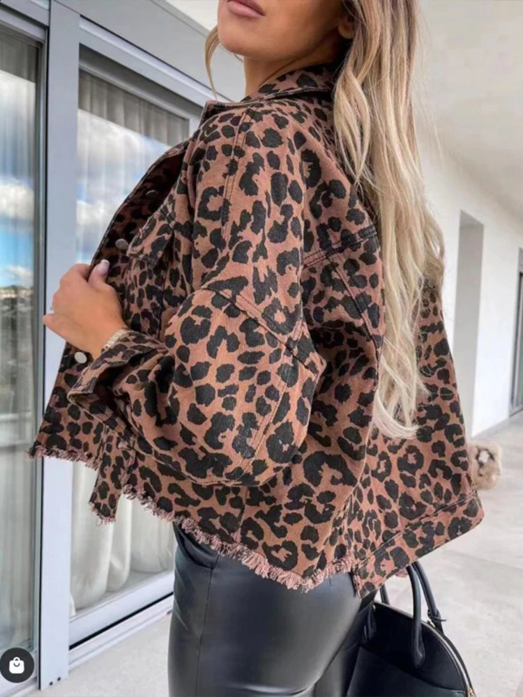 Leopard Print Denim For Women, Casual Retro Long Sleeve Loose Jean Jacket With Pockets B4
