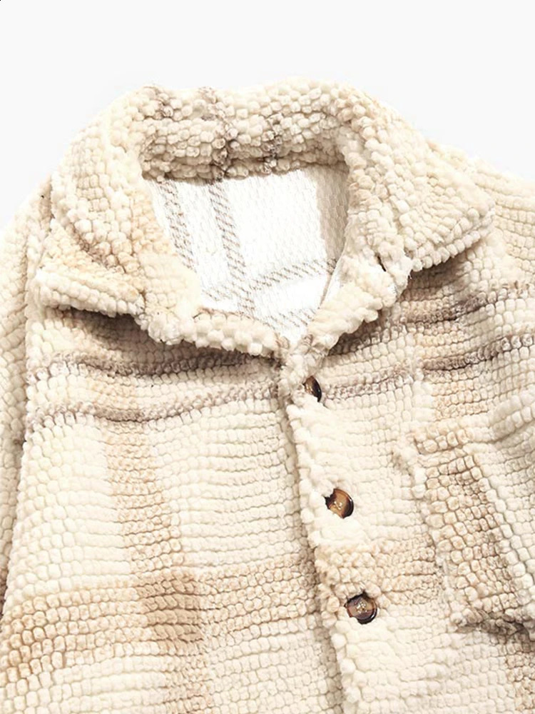 Mens Vintage Plaid Fleece Lapel Jacket Long Sleeve Sherpa Coats Outwear with Pockets Warm Men Shirts Clothing 240816