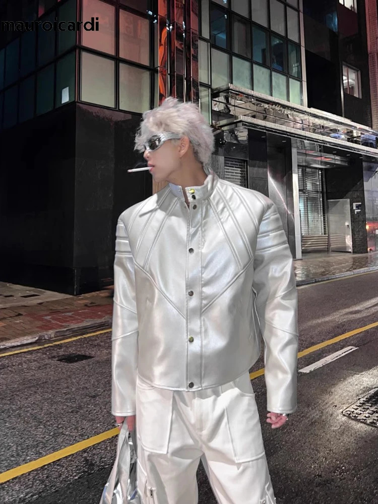 Mauroicardi Spring Autumn Cool Short Silver Faux Leather Jacket Men Shoulder Pads Y2K Streetwear Unisex Clothing 240809