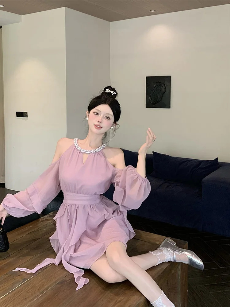 Autumn Fairy Pure Color Short Party Dress Korean Fashion Elegant Mini Dress Woman Casual Long Sleeve Dress Female 240816